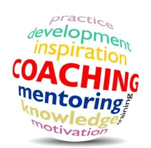 Globe illustration formed by the words: practice, development, inspiration, coaching, mentoring, knowledge, motivation, training.