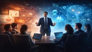 Business meeting with AI and data analytics visualization in a modern conference room.