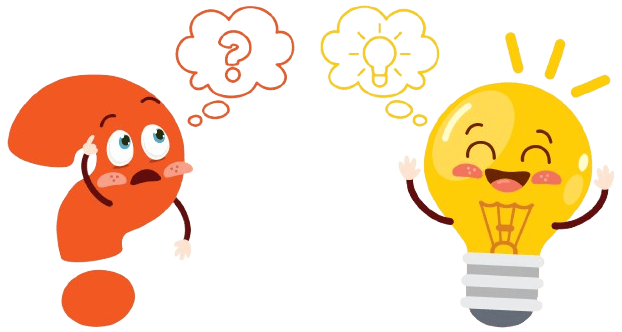 Worried face on a red question mark beside a smiling face on a yellow light bulb, illustrating how design thinking turns problems into opportunities.